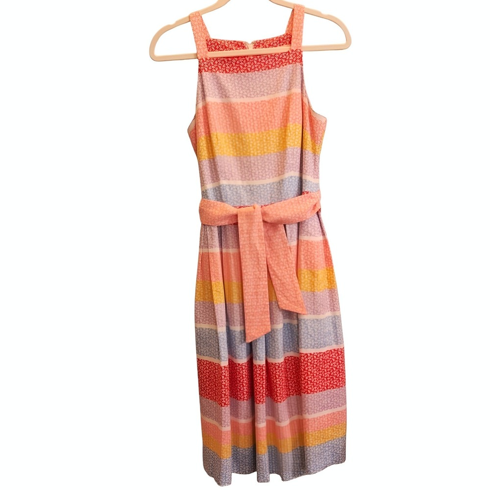 Gal Meets Glam Blake Linen Blend Striped Bow Tie Dress Pleated Size 6 Retro - Picture 4 of 11
